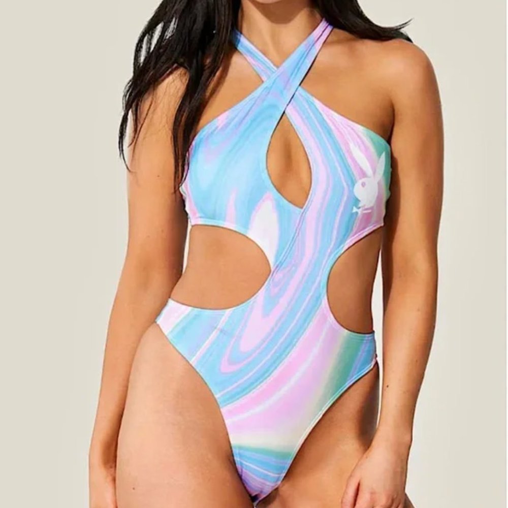 Playboy x Yandy Cut Out Halter One Piece Bathing Suit | B&W | WM | NWT